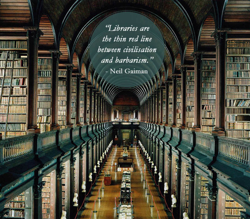 Neil Gaiman quote over a library