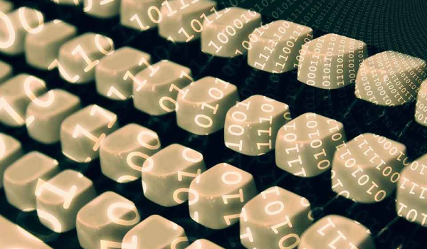 Digital numbers projected onto a computer keyboard