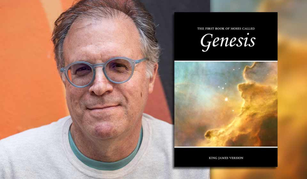 Ilan Stavans with the cover to The First Book of Moses Called Genesis