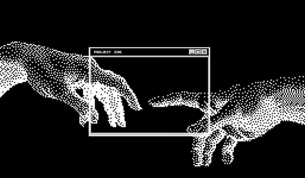 An black and white, 8-bit recreation of Michaelangelo's The Creation of Man, close-up on the touch between God and Adam, which now occurs in a desktop window