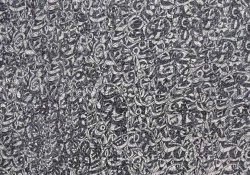 A black and white painting, mostly abstract, made up of elements that look like Arabic writing