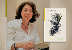 A photograph of Olivia Elias with the cover to her book Chaos, Crossing