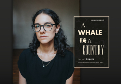 A photograph of Isabel Zapata with the cover to his book A Whale Is a Country