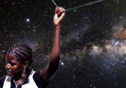 A girl holds a taut wire above her head with deep space in the background
