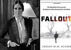 A photograph of author Lesley M. M. Blume juxtaposed with the cover to her book, Fallout