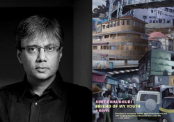 A photo of Amit Chaudhuri juxtaposed with the cover to his book Friend of My Youth