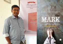 A photograph of Bitan Chakraborty juxtaposed against the cover to his book The Mark