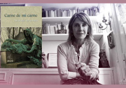 The cover to Carne de mi carne: Antología de cuento overlaid on a photo of editor María Negroni