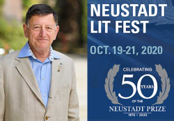 A photograph of author David Bellos juxtaposed with a logo for the Neustadt Lit Fest