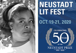 A photograph of NSK juror Tanita Davis juxtaposed with the graphic logo for the 2020 Neustadt Lit Festival