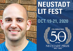 A photograph of NSK juror Adib Khorram juxtaposed with the logo of the 2020 Neustadt Lit Fest