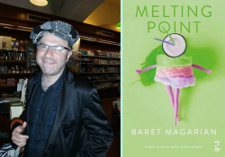 A photograph of Baret Magarian juxtaposed with the cover to his book, Melting Point