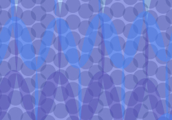 An abstract image composed of blue dots and violet curves on a purple background