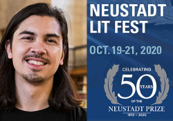 A photograph of NSK Juror Randy Ribay juxtaposed against the logo for the 2020 Neustadt Lit Fest