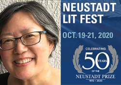 A photograph of author Janet Wong juxtaposed with the logo for the 50th Anniversary Neustadt Lit Fest logo