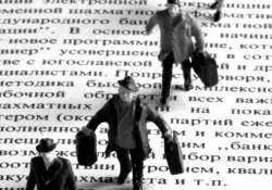 Lost in Translation illustration of figures walking on Russian text.