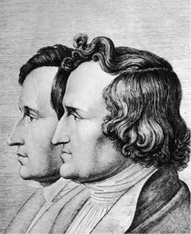 Jacob and Wilhelm Grimm in an 1843 drawing by their younger brother, Ludwig Emil Grimm.