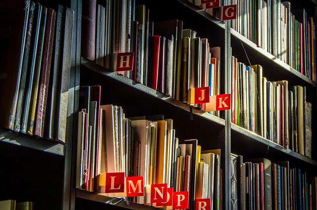 Library bookshelf with sunlight on book spines. Photo by Lubos Huska/Pixabay.