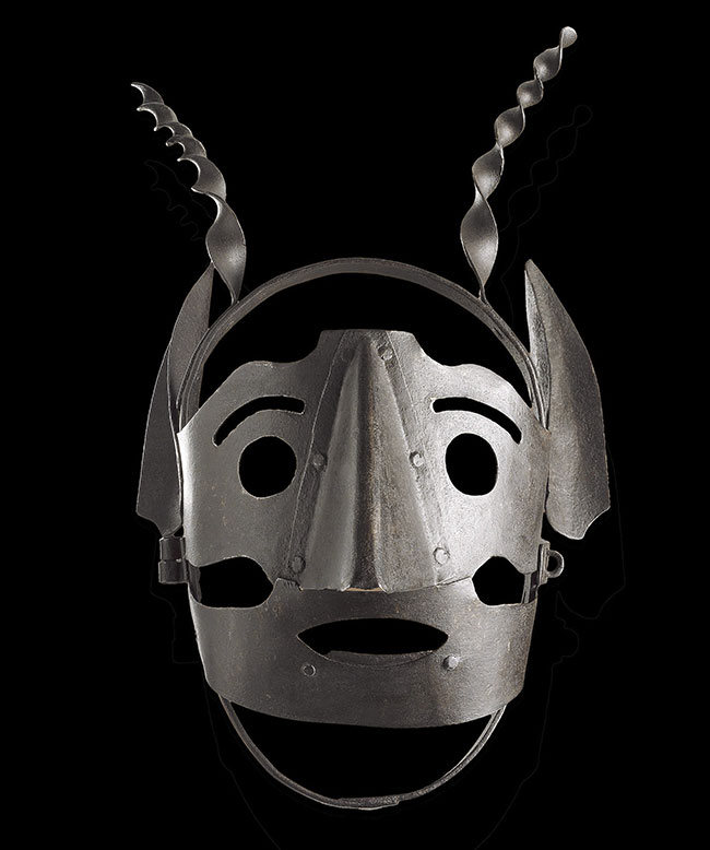 Made of iron, this scold’s bridle from Belgium dates from the 16th or 17th century. The strut of metal that went into the wearer’s mouth to hold down her tongue has broken off.