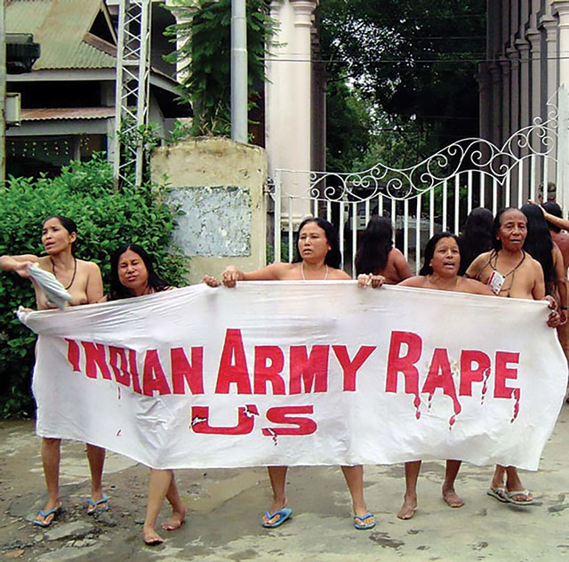 A group of women stripped naked in broad daylight to protest against the brutality of the Assam Rifles army contingent (July 2004).