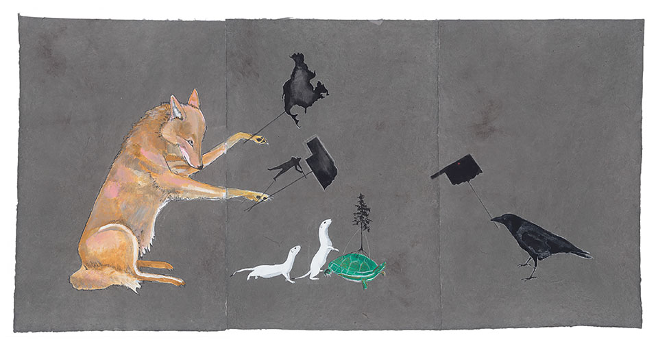 Julie Buffalohead (Ponca), The Trail (2015), acrylic, ink, graphite on Lokta paper, ca. 30 x 60 in / By permission of the Bockley Gallery, Minneapolis (bockleygallery.com)
