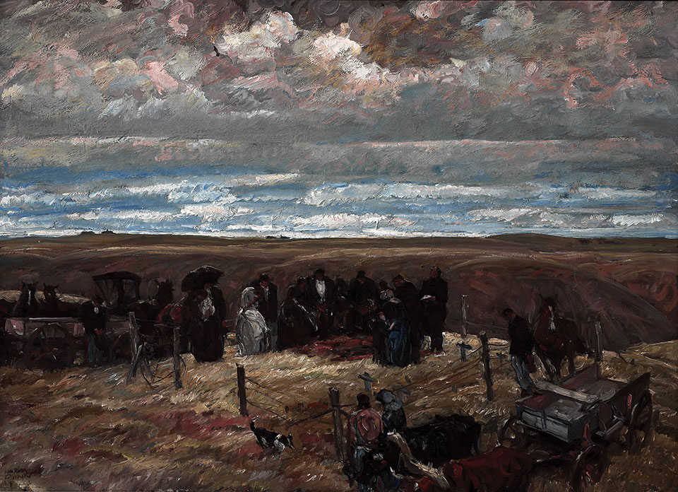A moody oil painting of a funeral taking place on a grassland with multiple figures in black that almost blend into the landscape around them.