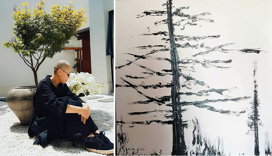 A photo of Liu Xia juxtaposed with an ink painting of a tree
