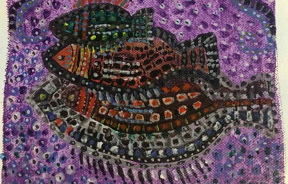 A painting of three fishes stacked on one another, composed using a kind of brutish pointillism