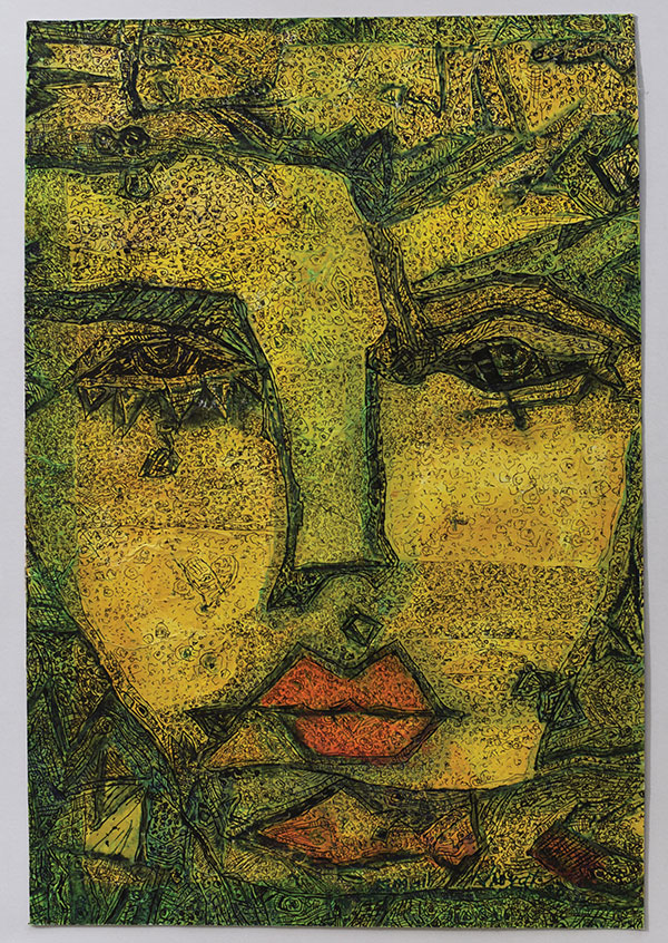 A painting of a woman's face, composed of mostly angular lines