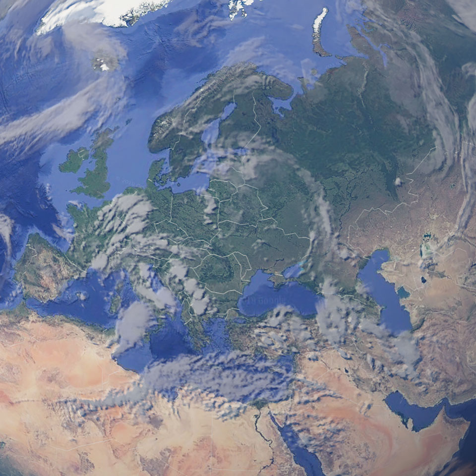 A detail of the Earth from space focused on Europe and Central Asia