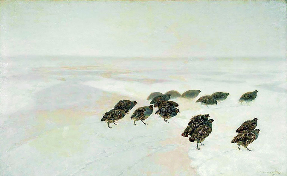 A painting of partridges walking across a snowy landscape