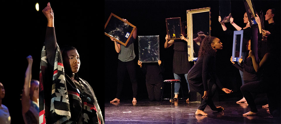 Dancers interact with a number of picture frames