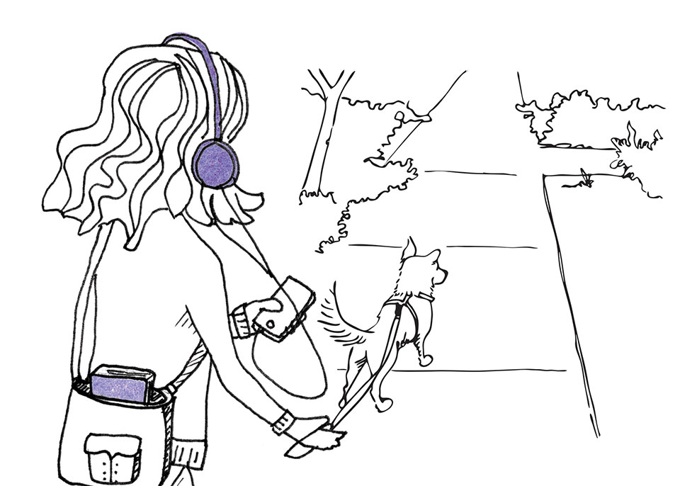 A sprightly illustration of a woman walking her dog while listening to a podcast on her headphones.