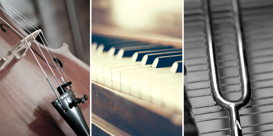 Close up images of a violin, a piano, and a tuning fork formed into a triptych