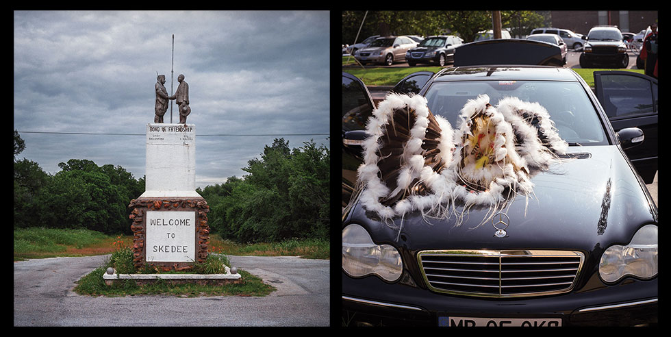 A diptych with a photo on the left of a statue of two men shaking hands with a sign that says, "Welcome to Skeedee" and, on the right, a photograph of indigenous headdress on the hood of a BMW