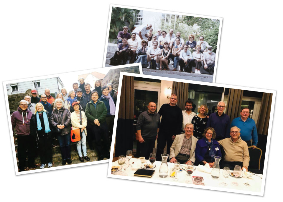 A collage showing three photos of members of the International Association of Crime Writers over five decades