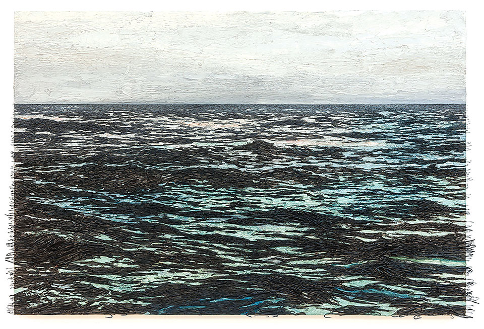 A mixed media painting of churning ocean swells