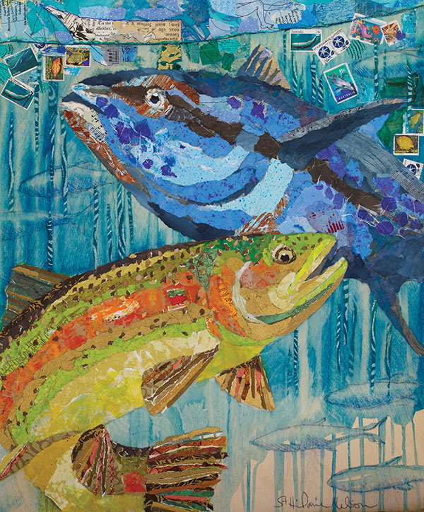 A mixed media painting of a blue and a yellow fish