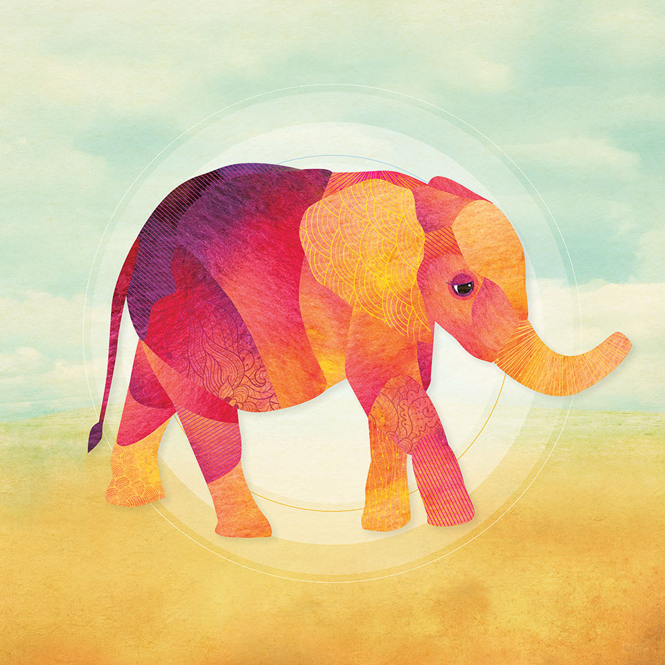 A watercolor illustration of an elephant, dominated by red and orange hues