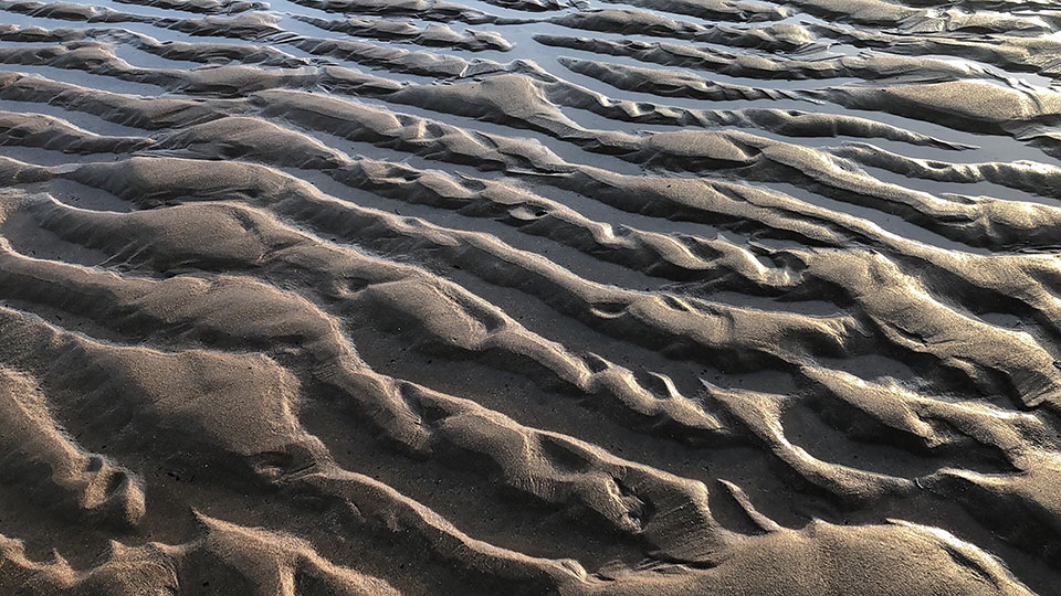 A sandy beach, capping with small dunes, as water infills the spaces between