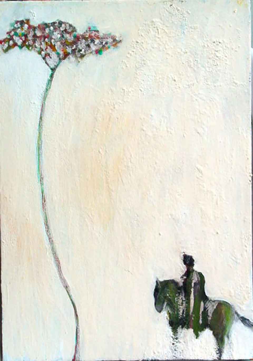 A painting of a mounted rider beneath a spindly tree