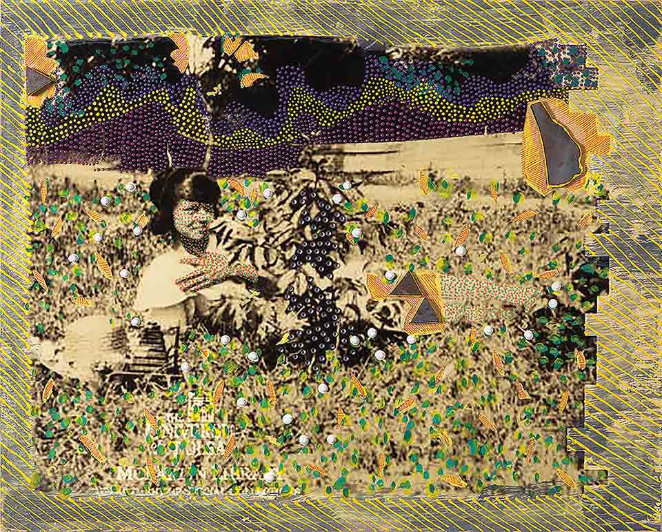 A mixed media image with a sepia toned image of a young African-American woman reclining in a field. The photograph is enhanced with pointillist fields of color