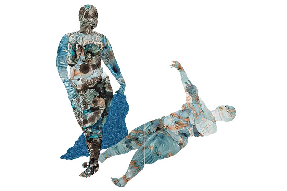A collage image that forms two human body like figures, one standing, one prone, suggesting the shadow of the standing figure