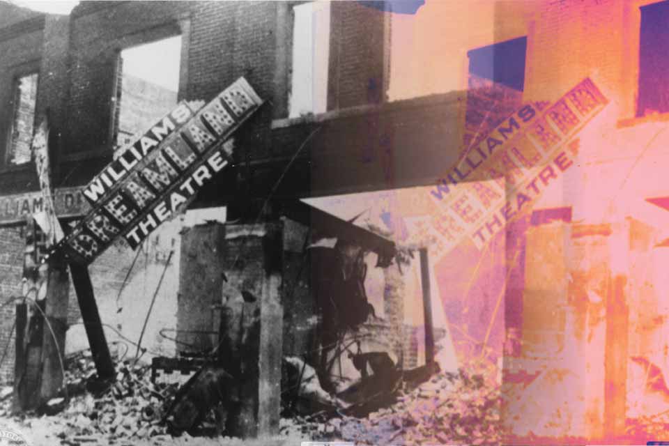 A black and white photograph of the Dreamland theatre sign in wreckage juxtaposed with the same image but in sun-damaged colors