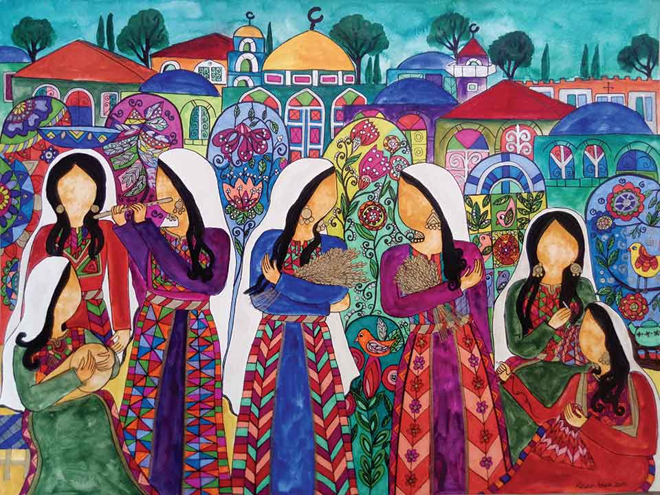 A colorful mural of faceless female figures in traditional Palestinian dress