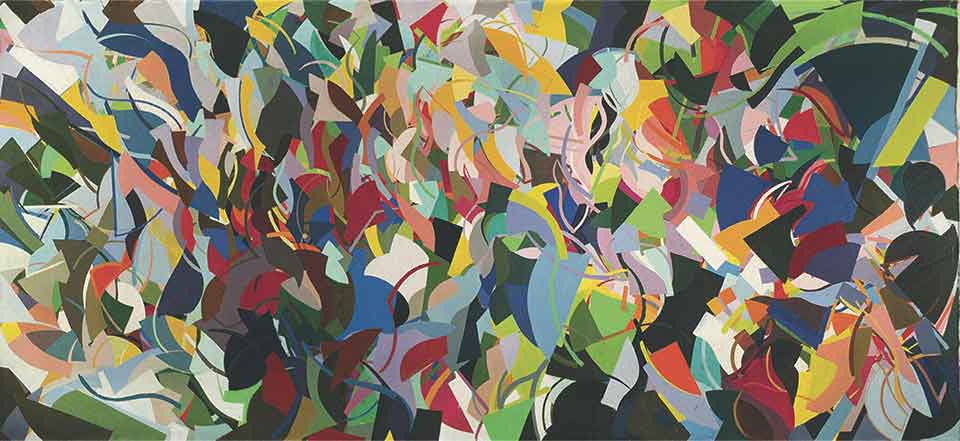 An abstract painting featuring brightly colored organic shapes overlapping