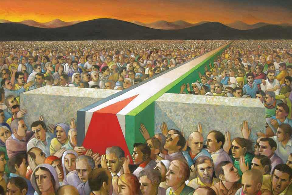 A painting showing thousands of people carrying a giant cross flat across the top of the throng, the flag of Palestine painted on the vertical beam of the cross