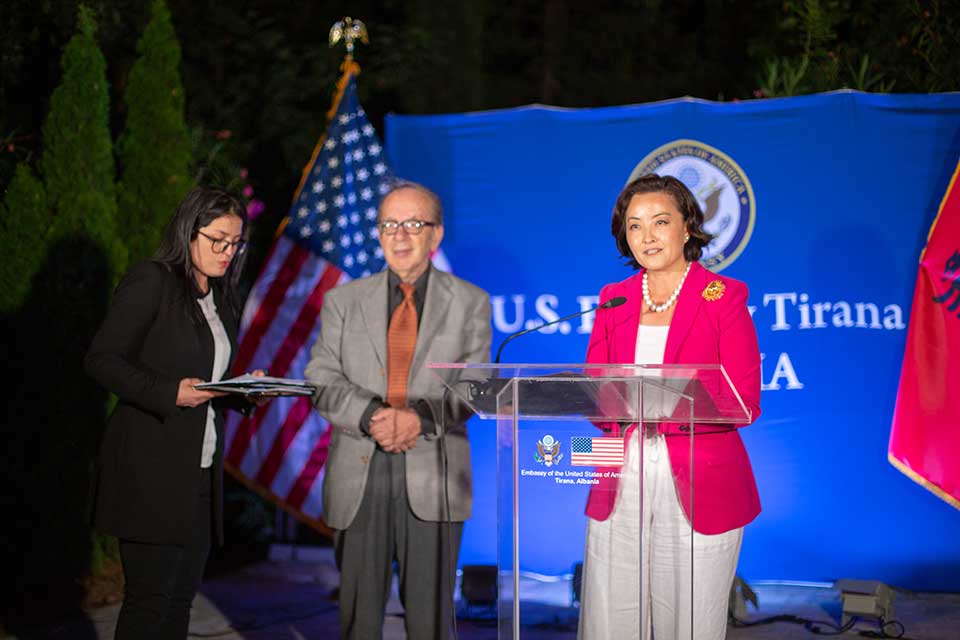 Left to right: Brunilda Muca, U.S. Embassy Tirana interpreter; Ismail Kadare; and The Honorable Yuri Kim, U.S. Ambassador to the Republic of Albania