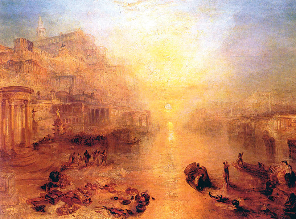 A painting saturated in orange and yellow tones showing boats on the Tiber with the city of Rome in the background