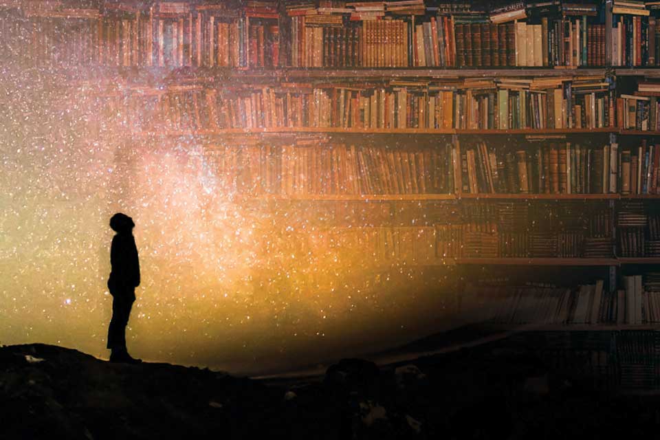 A collage of two image, one of a figure in silhouette staring up at the night sky overlaid on a crowded bookshelf